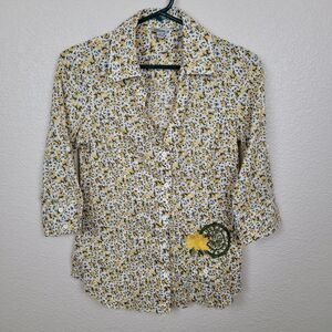 Guess Yellow Rose Floral Button Down Shirt Small Vintage (6813)